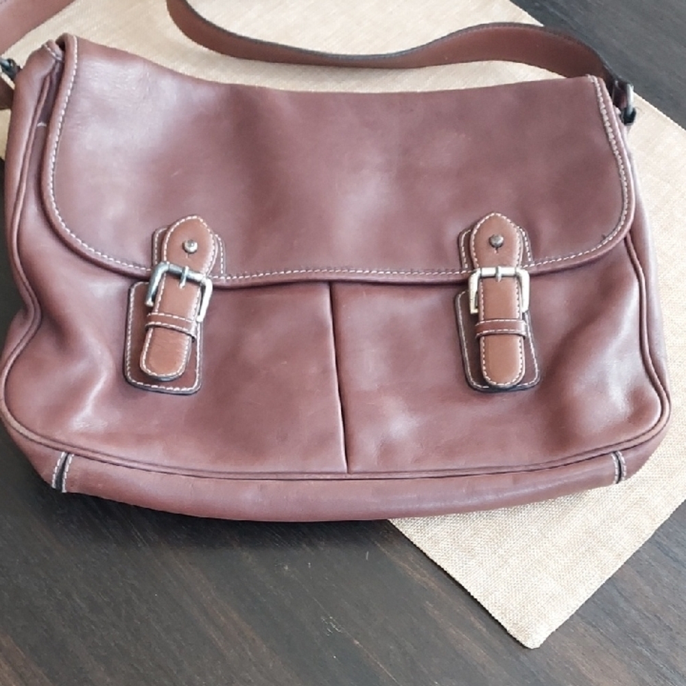 Adrienne Vittadini Vintage Brown Leather Satchel/Messenger Bag, Unisex - Picture 2 of 12